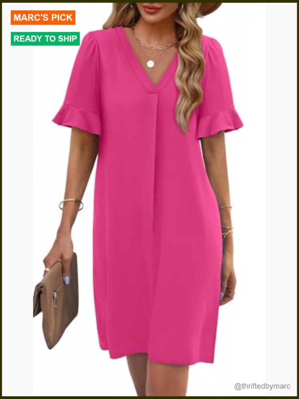 Ruffle Short Sleeve V Neck Shift Dress with Pockets - Picture 2 of 7